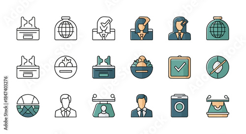 Icons representing various aspects of business and people in different styles.