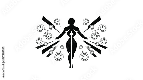 Silhouette of woman surrounded by clock hands and gears, symbolizing time management, productivity, and empowerment, in a modern abstract design