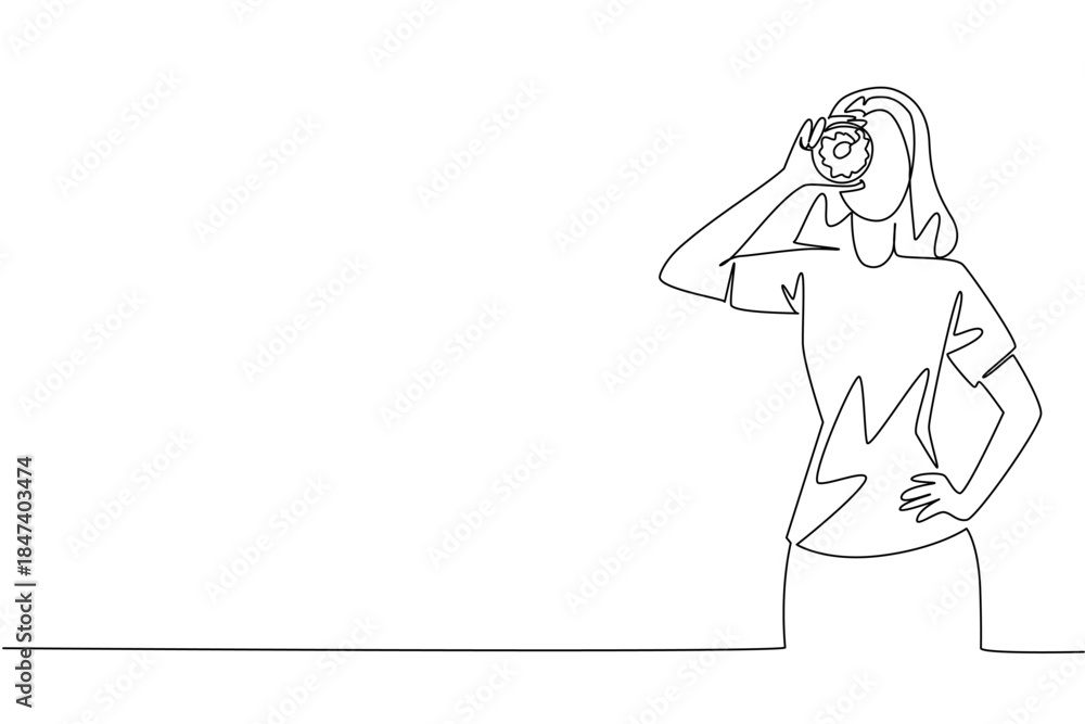 Fototapeta premium Single line drawing of a woman holding a donut playfully over her eye, symbolizing joy and sweetness, representing food concept artwork for National Donut Day celebration.