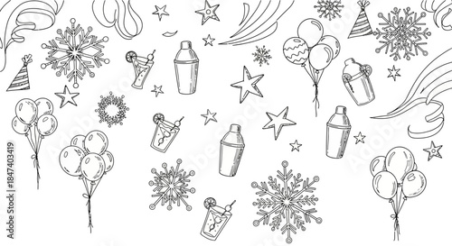 Festive Holiday Party Elements Hand-Drawn Sketch Collection.