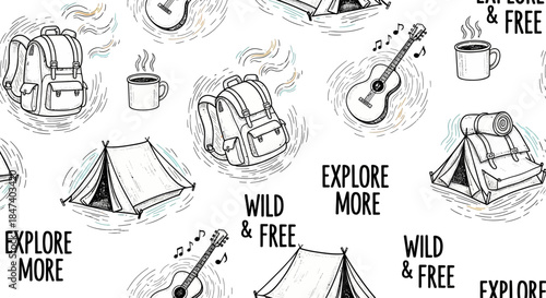 Camping adventure seamless pattern with travel elements and text.