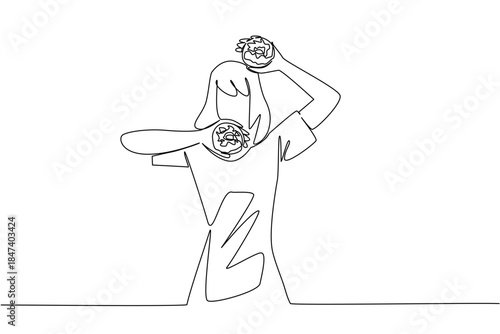 Single line drawing of a person playfully holding two donuts, capturing joy, indulgence, and sweet culture in minimalist food concept art for National Donut Day.