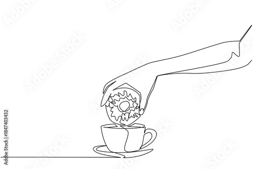 Continuous line drawing of a hand dipping a donut into a cup of coffee, showing comfort and enjoyment. Food concept tied to an international event, National Donut Day.