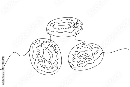 A continuous line drawing of three donuts, symbolizing a food concept of sweetness, fun, and indulgence, representing National Donut Day celebration with creativity and joy worldwide.
