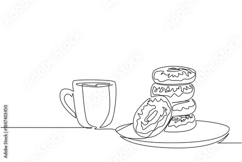 One line drawing of donuts stacked on a plate with a coffee cup, symbolizing a food concept of comfort and indulgence, celebrating National Donut Day with taste and joy worldwide.