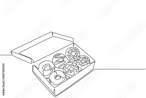Single line drawing of an open donut box filled with assorted flavors, symbolizing a food concept of variety, sharing, and happiness, created for National Donut Day celebration worldwide.