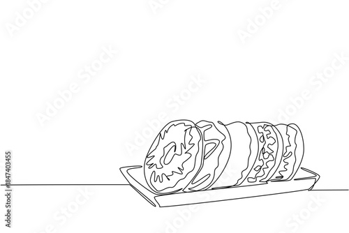 One line drawing of donuts lined up on a plate, symbolizing a food concept of indulgence and celebration, representing National Donut Day with sweetness and happiness worldwide.