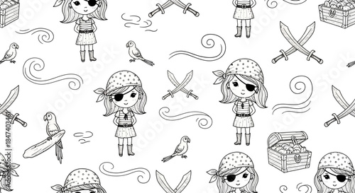 Pirate-Themed Seamless Pattern with Cartoon Characters and Nautical Elements.
