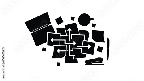 Confusing disorganized office supplies and paperwork with scattered arrows on white background, chaotic workspace concept