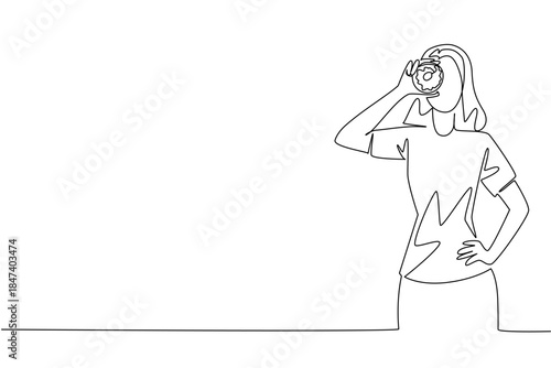 Single line drawing of a woman holding a donut playfully over her eye, symbolizing joy and sweetness, representing food concept artwork for National Donut Day celebration.