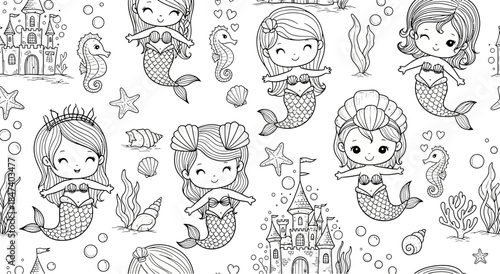 Charming cartoon mermaids swimming in the ocean with sea creatures.