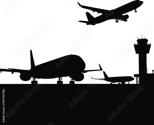 Airplanes and control tower at airport silhouette black 1