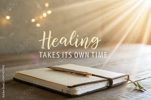 Journal with beam of light and text healing takes its own time