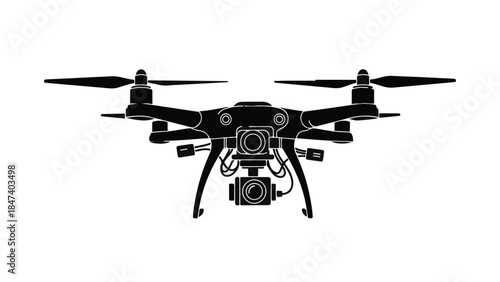 Modern drone with camera flying in air for aerial photography and videography on white background