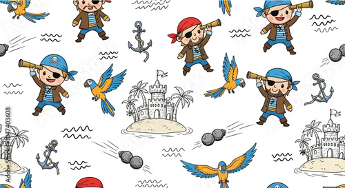 Cute Cartoon Pirates and Parrots Seamless Pattern.