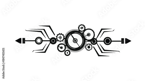Geometric gear mechanism clockwork illustration with abstract arrows and circles in black and white
