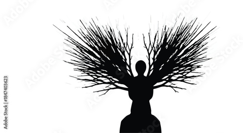 Silhouette of a person merging with a tree, symbolizing growth and connection to nature.