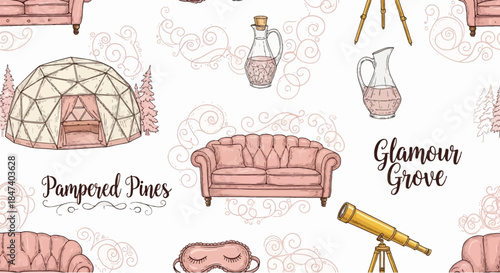 Hand Drawn Glamour Camping Seamless Pattern with Tent and Sofa.