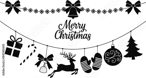 Black and white Christmas banner with festive decorations and text