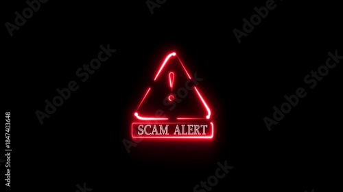 A dynamic digital animation featuring a scam alert symbol with exclamation mark, and digital data protection.Cyber hacking risks, and internet security awareness on black background.