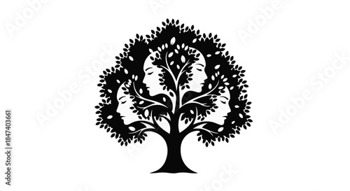 Family tree silhouette symbolizing connection and growth, with faces integrated into branches and leaves.