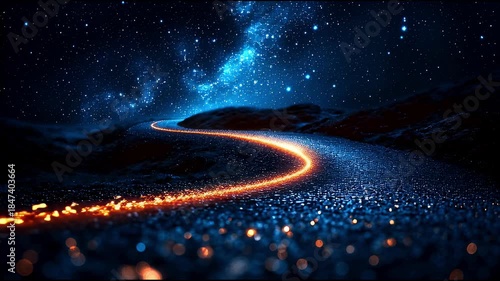 Enchanting Cosmic Journey Through a Starry Night with Luminous Path and Glittering Landscape.