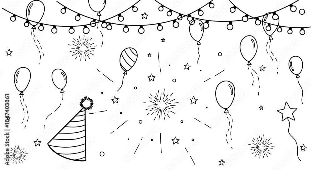 Obraz premium Hand-drawn doodle of festive party elements including balloons, string lights, and a party hat.