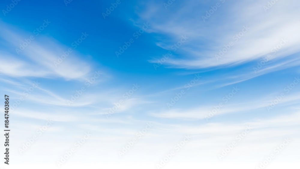 Fototapeta premium Beautiful, wide-angle view of a clear blue sky with wispy white clouds creating a sense of vastness and tranquility