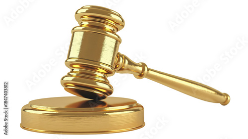Shiny golden auctioneer gavel resting on a matching sound block for legal concepts