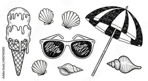 Summer Beach Vacation Elements - Ice Cream, Seashells, Sunglasses, and Umbrella.