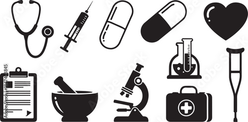 Medical and science equipment icons set black