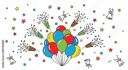 Colorful balloons and party poppers celebrate festive occasions joyfully.