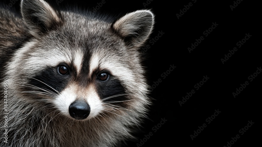 Obraz premium Close-up Portrait of a Curious Raccoon Against a Dark Background