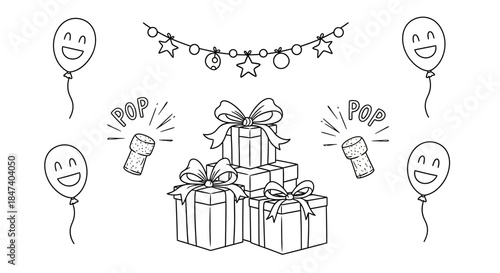 Festive gifts and balloons create a joyful celebration scene for holidays.