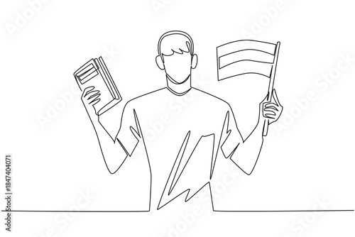 Single line drawing of a young boy holding a book and the Russian flag. Support for children language learning and cultural celebration during Russian Language Day at global educational event