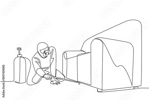 Single line drawing of a man with safety gear kneeling and spraying under a sofa. Professional home pest control work and promoting health and safety during World Pest Day international campaign