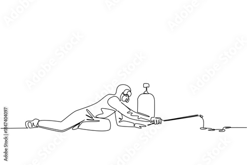 Single line drawing of a male pest control technician wearing full protective gear, crawling and carefully spraying pests on the ground, representing pest control for health and safety World Pest Day