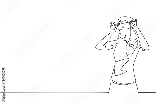 Continuous line drawing of a woman putting on trendy glasses, symbolizing eye health awareness and the fashion-forward spirit of National Eyewear Day, highlighting confidence and modern vision care