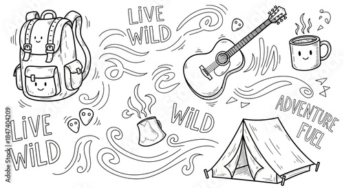 Camping adventure gear and equipment for outdoor travel and exploration.