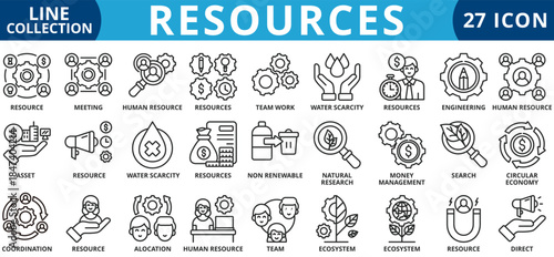 Resources icon set outline style icon set collection vector illustration