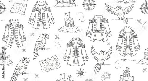 Pirate themed seamless pattern featuring coats, parrots, maps and island castles.
