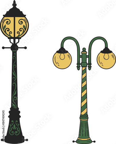Decorative vintage street lamp illustrations featuring ornate lantern post and double globe outdoor lighting flat vector isolated white background