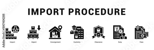 Import Procedure Modern and clean web banner illustration featuring thematic icons for visual communication