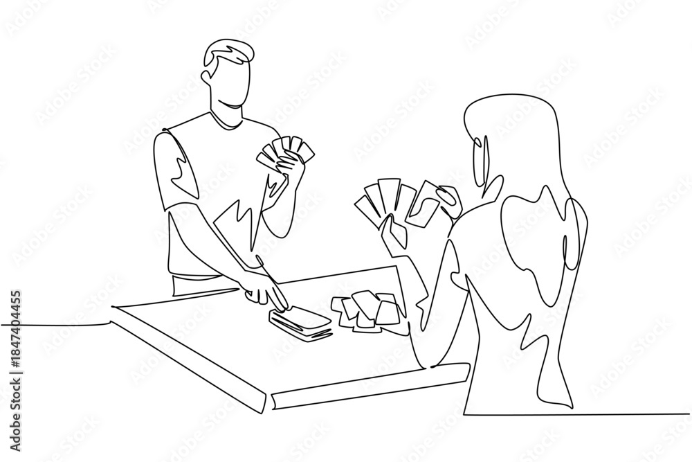 Obraz premium One line drawing of a couple playing card games at a table, symbolizing strategy, bonding, and fun. This flat minimalist art focuses on entertainment concept for International Tabletop Day.