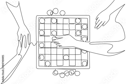 Single line drawing of multiple hands moving tokens on a tabletop board game, representing International Tabletop Day with a community, entertainment, and creativity concept.
