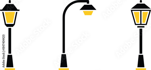 Minimalist street lamp icons set featuring vintage lantern and modern streetlight flat vector illustration design isolated on white background