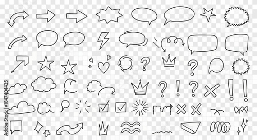 Hand drawn doodle elements collection with arrows, speech bubbles, and stars.