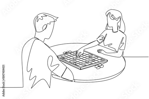 Single line drawing of a young man and woman sitting at a round table playing checkers, symbolizing International Tabletop Day with a leisure, entertainment, and friendship concept.