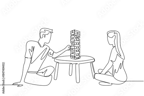 Continuous line drawing of two players playing a stacking block game on a table, representing International Tabletop Day with creativity and fun concept, play, balance, and social entertainment