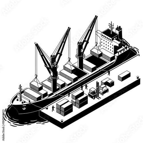 Cargo Ship Docked at Port with Cranes Loading Containers.